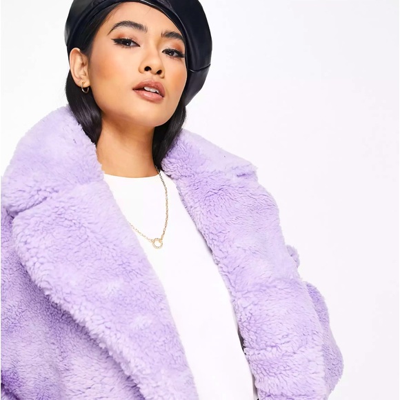 NWT - Topshop teddy midi coat with patch pockets in purple. Size 4 only. - Picture 4 of 8